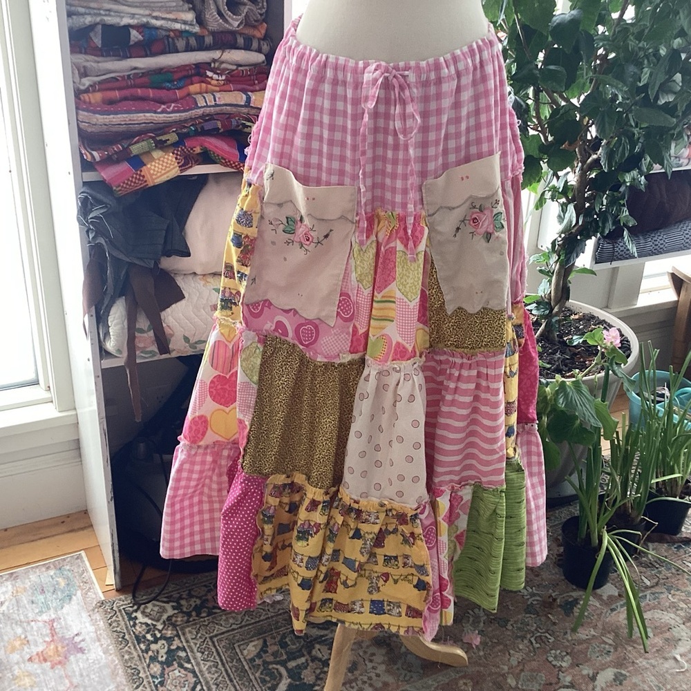 Upcycle Annie Happy Pink Yellow & Roses Patchwork Tiered MaxiSkirt Upto XXL